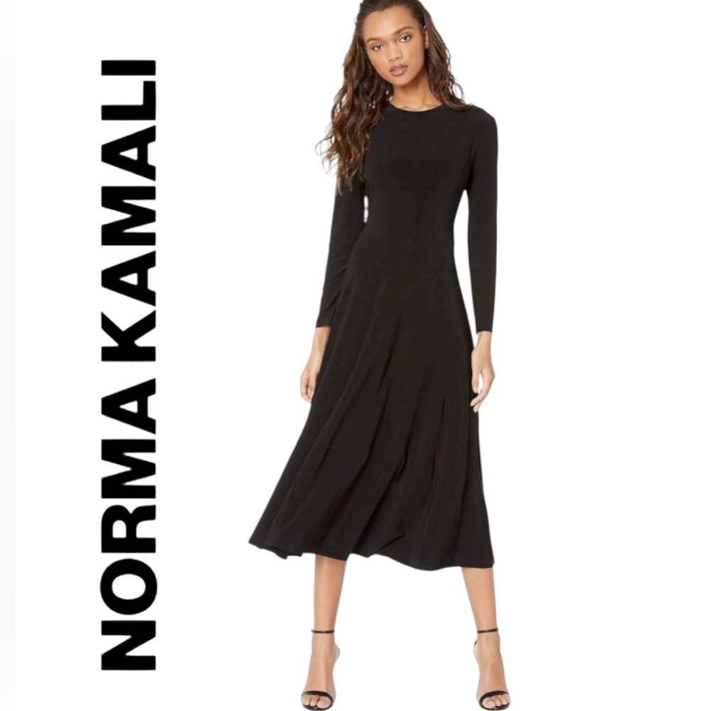 Norma Kamali Black Long Sleeve Midi Dress A-Line Stretch Size M